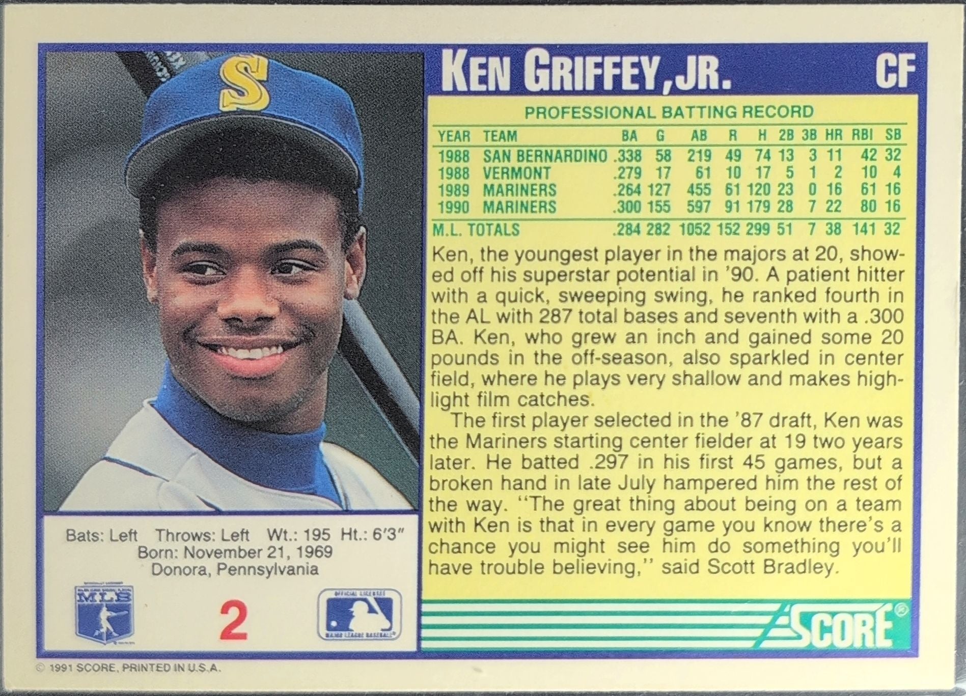 1991 Score Ken Griffey, Jr. #2 Seattle Mariners back