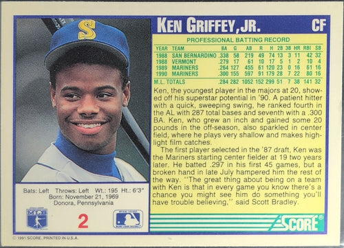 1991 Score Ken Griffey, Jr. #2 Seattle Mariners back