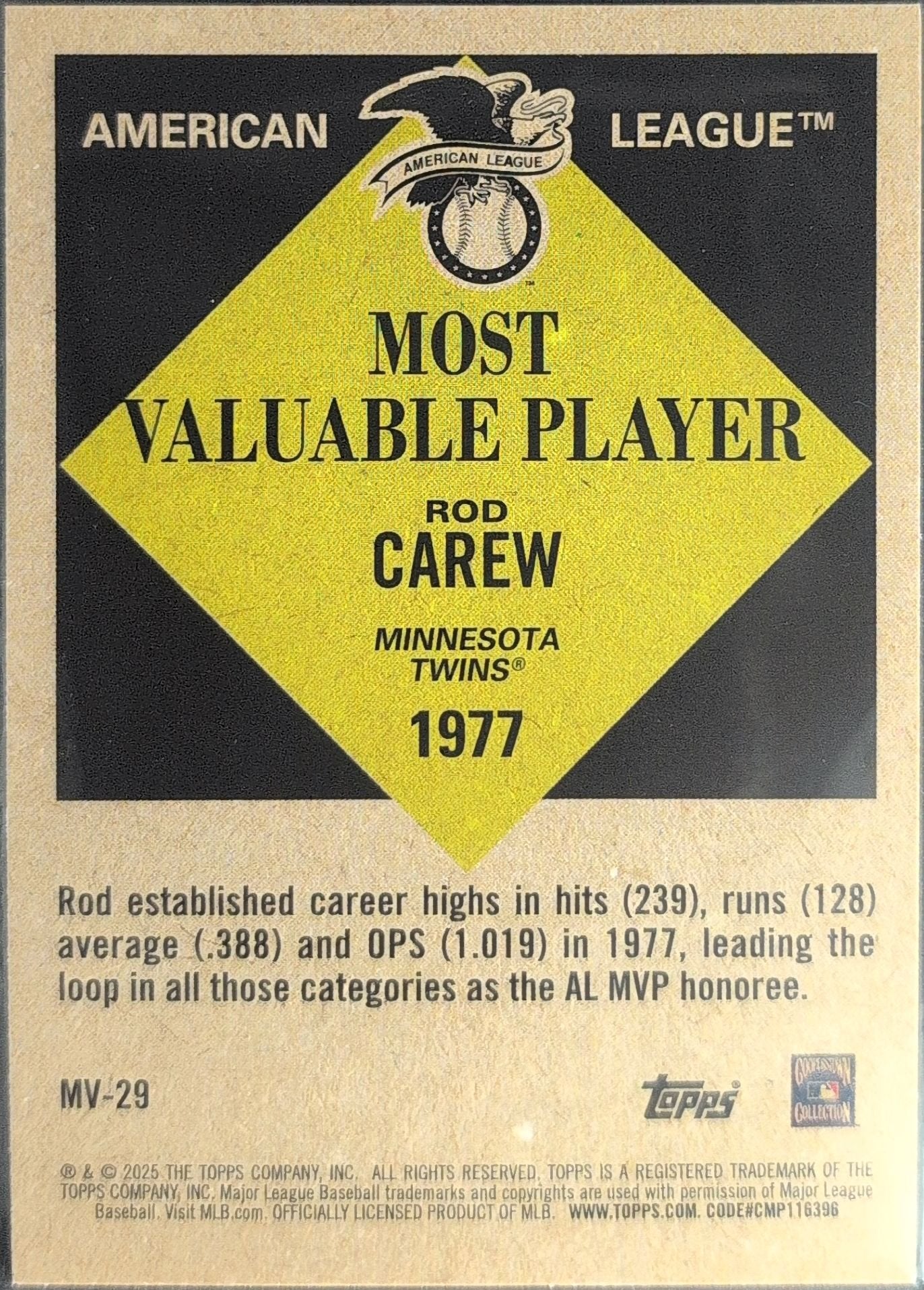 Rod Carew 2025 Topps Update #MV-29 Most Valuable Minnesota Twins - back image