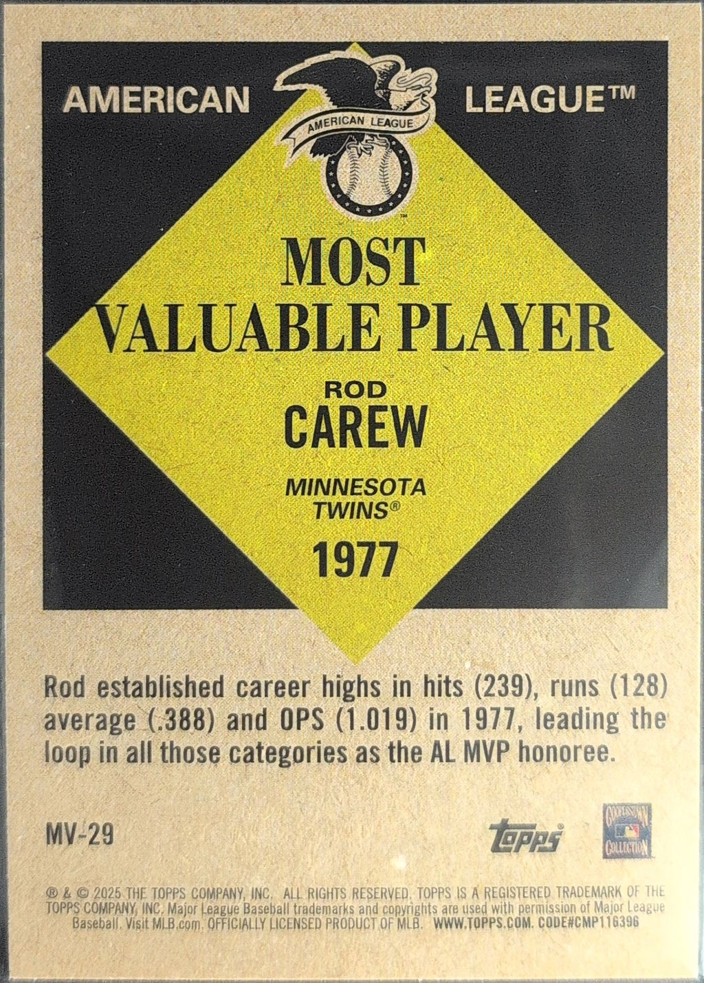 2025 Topps Update Rod Carew #MV-29 Most Valuable Minnesota Twins back