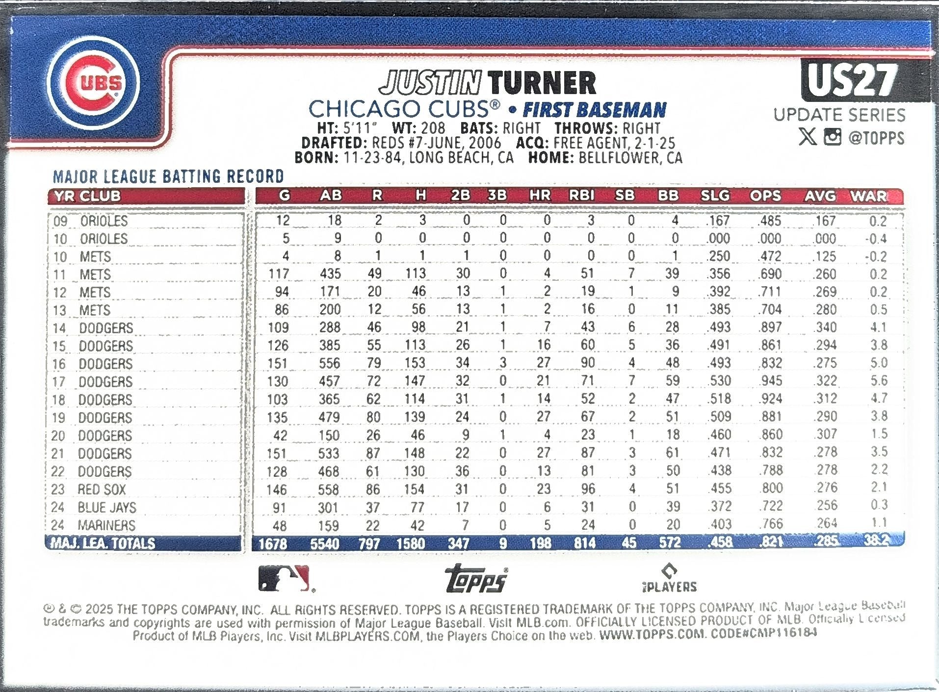 2025 Topps Update Justin Turner #US27 Holiday Chicago Cubs back