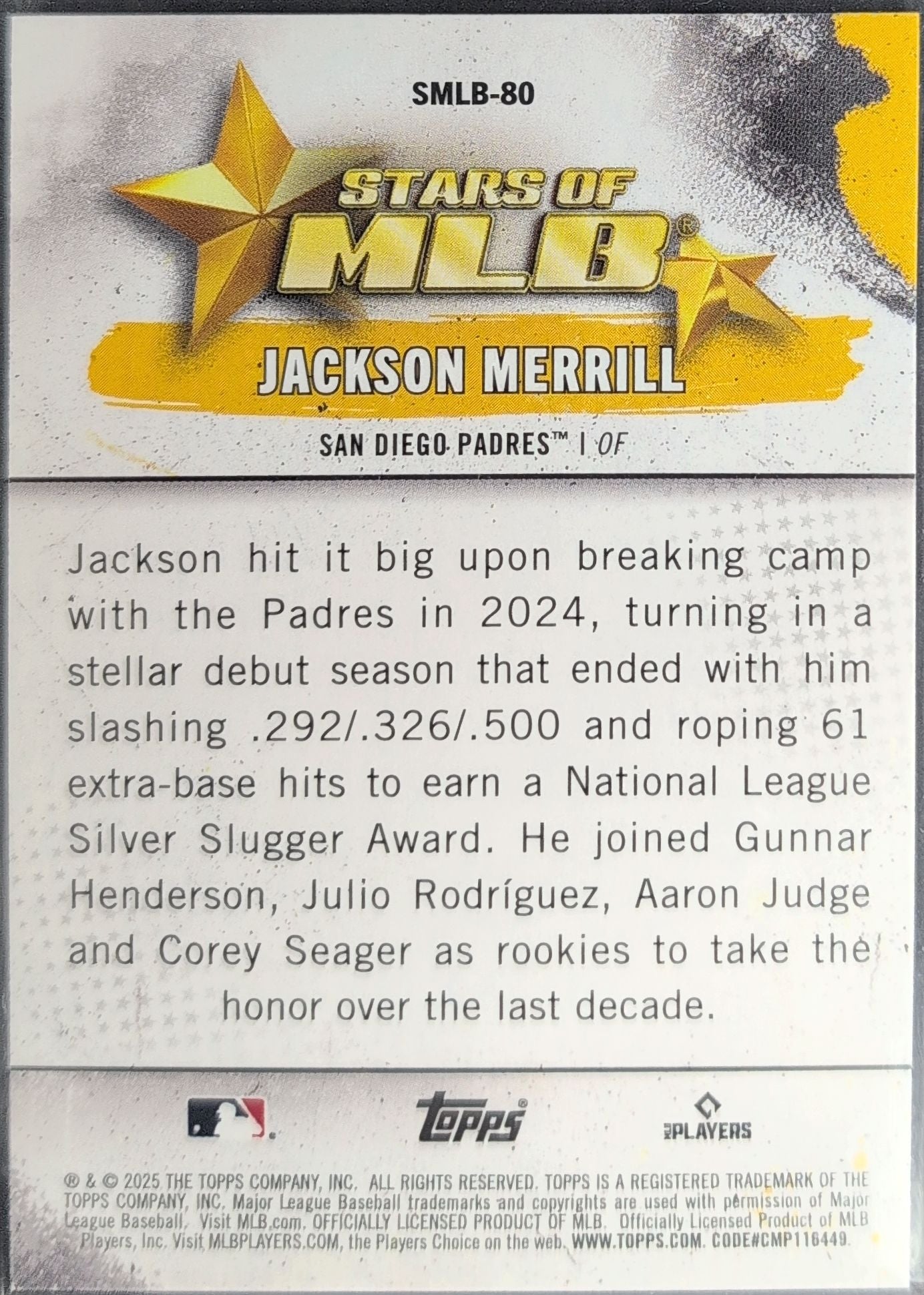 Jackson Merrill 2025 Topps Update #SMLB-80 Stars of MLB Pink San Diego Padres