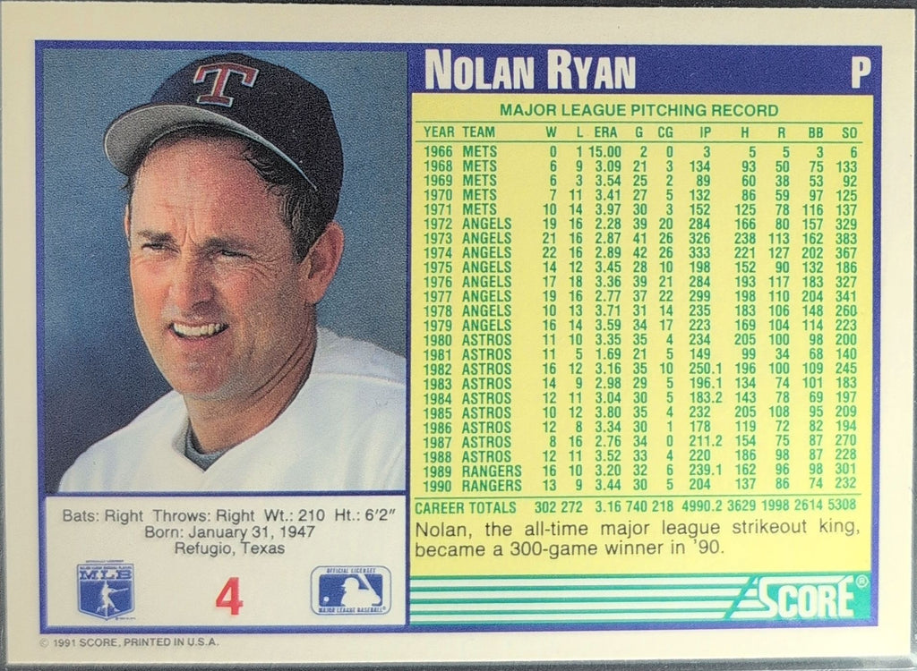 1991 Score Nolan Ryan #4 Texas Rangers back
