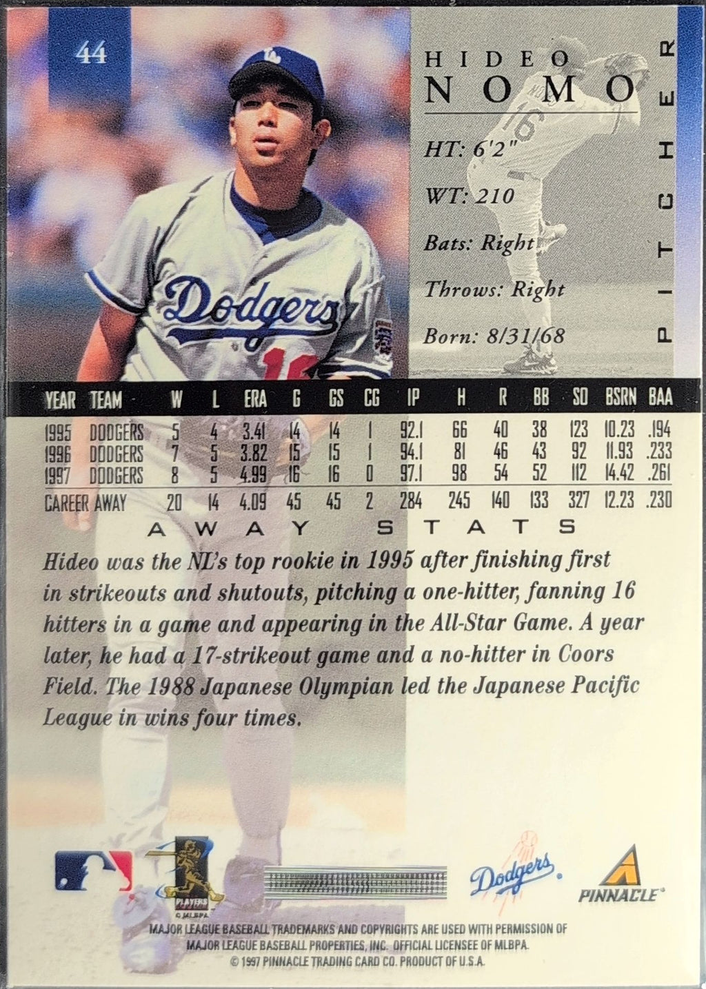 1998 Pinnacle Hideo Nomo #44 Away Stats Los Angeles Dodgers back