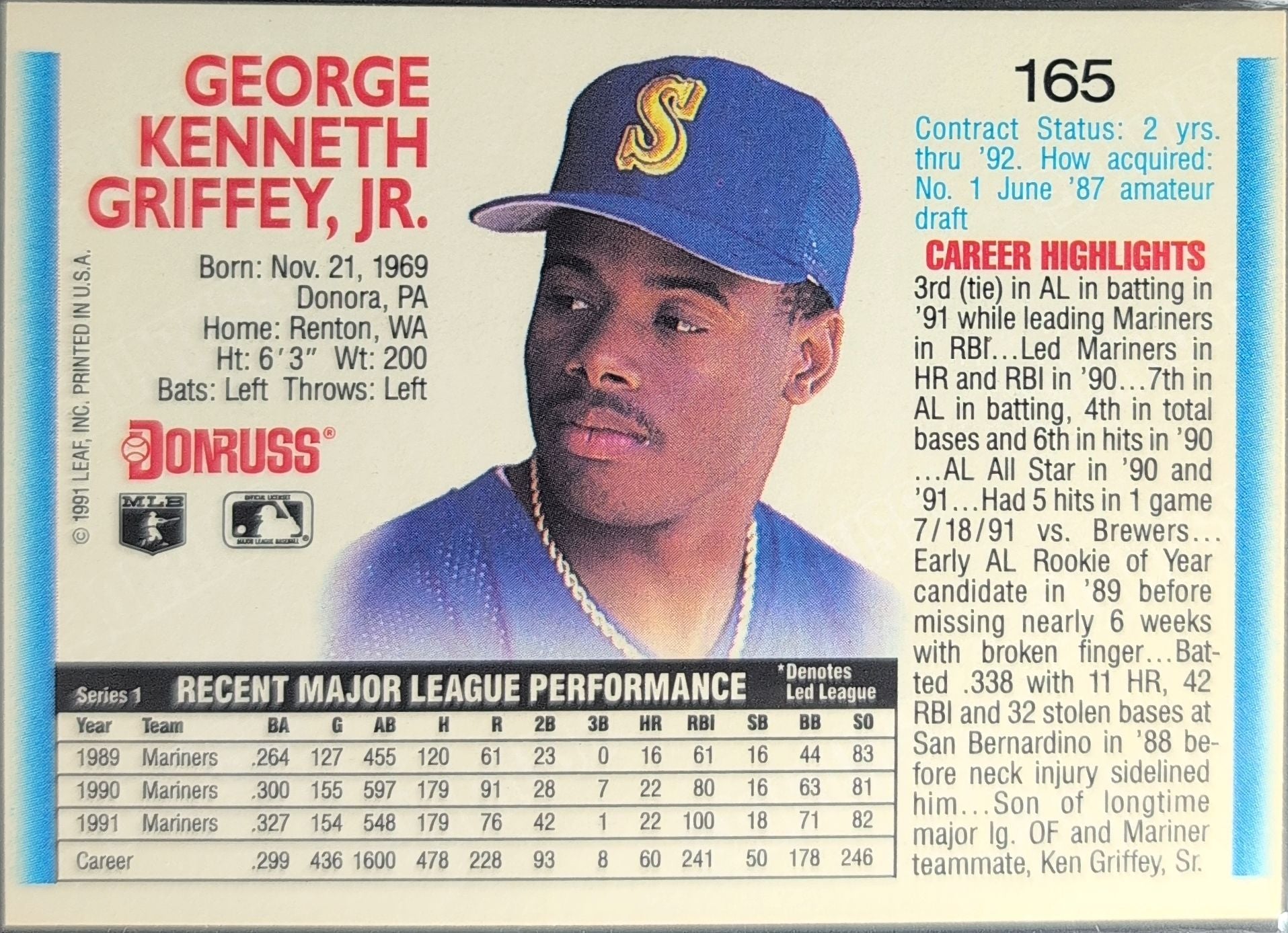 1992 Donruss Ken Griffey, Jr. #165b Seattle Mariners back