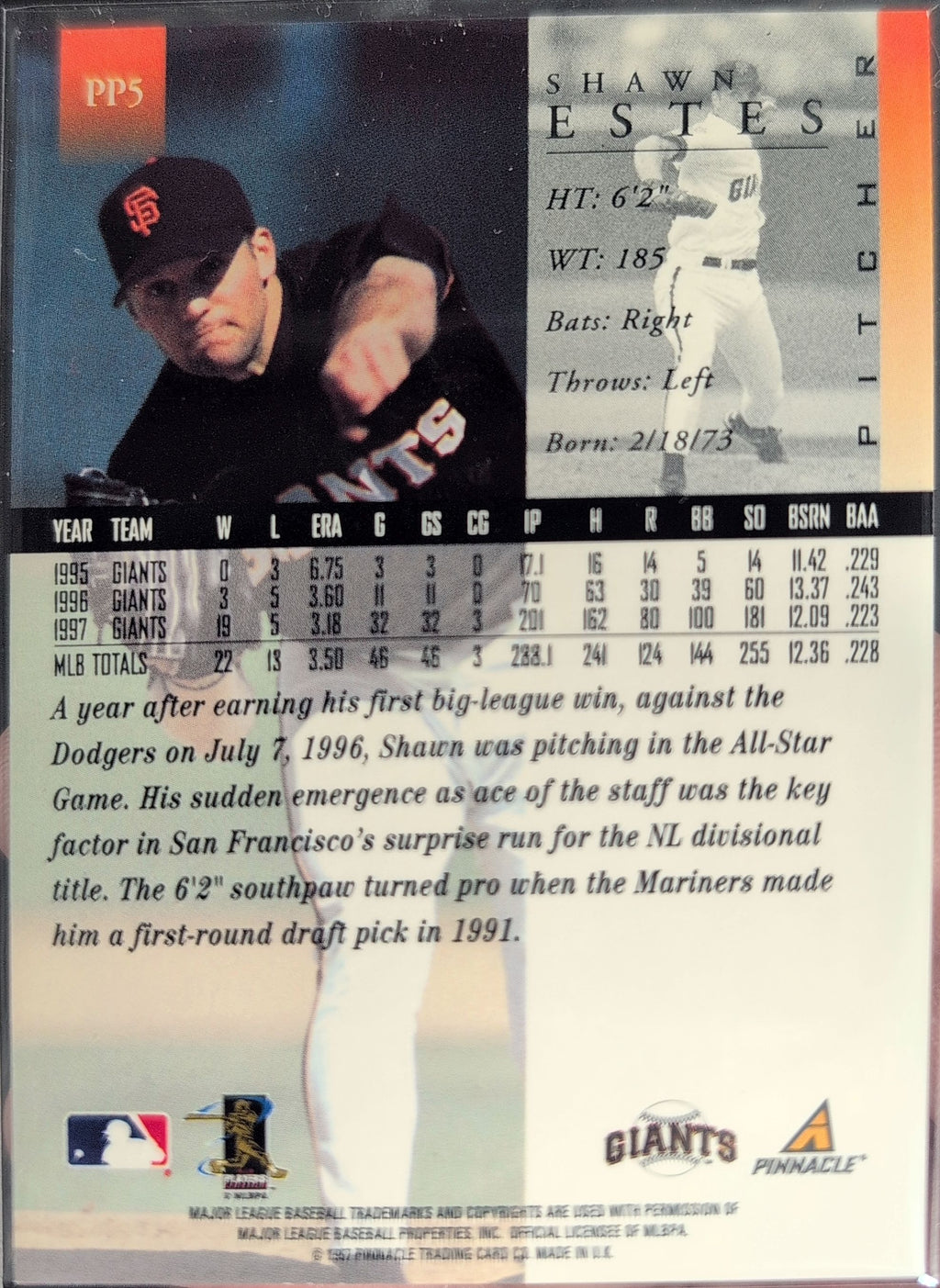 1998 Pinnacle Shawn Estes #PP5 Artist's Proofs San Francisco Giants back