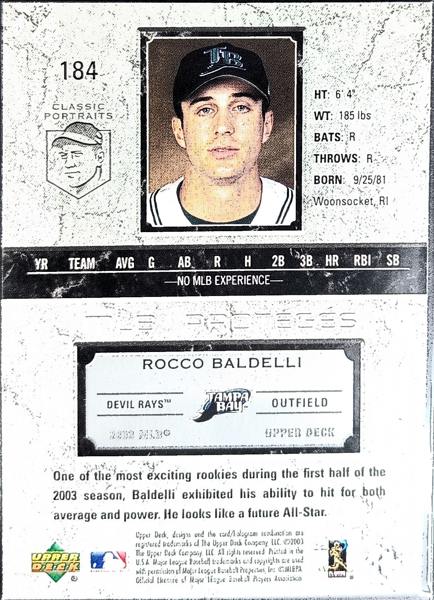 Rocco Baldelli 2003 Upper Deck Classic Portraits #184 Tampa Bay Devil Rays - back image
