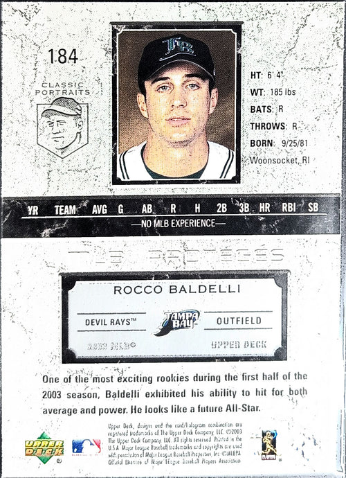 2003 Upper Deck Classic Portraits Rocco Baldelli #184 SN Tampa Bay Devil Rays back