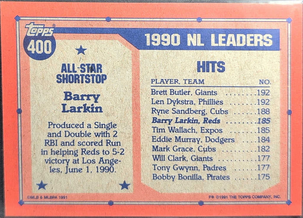 1991 Topps Barry Larkin #400 Cincinnati Reds back