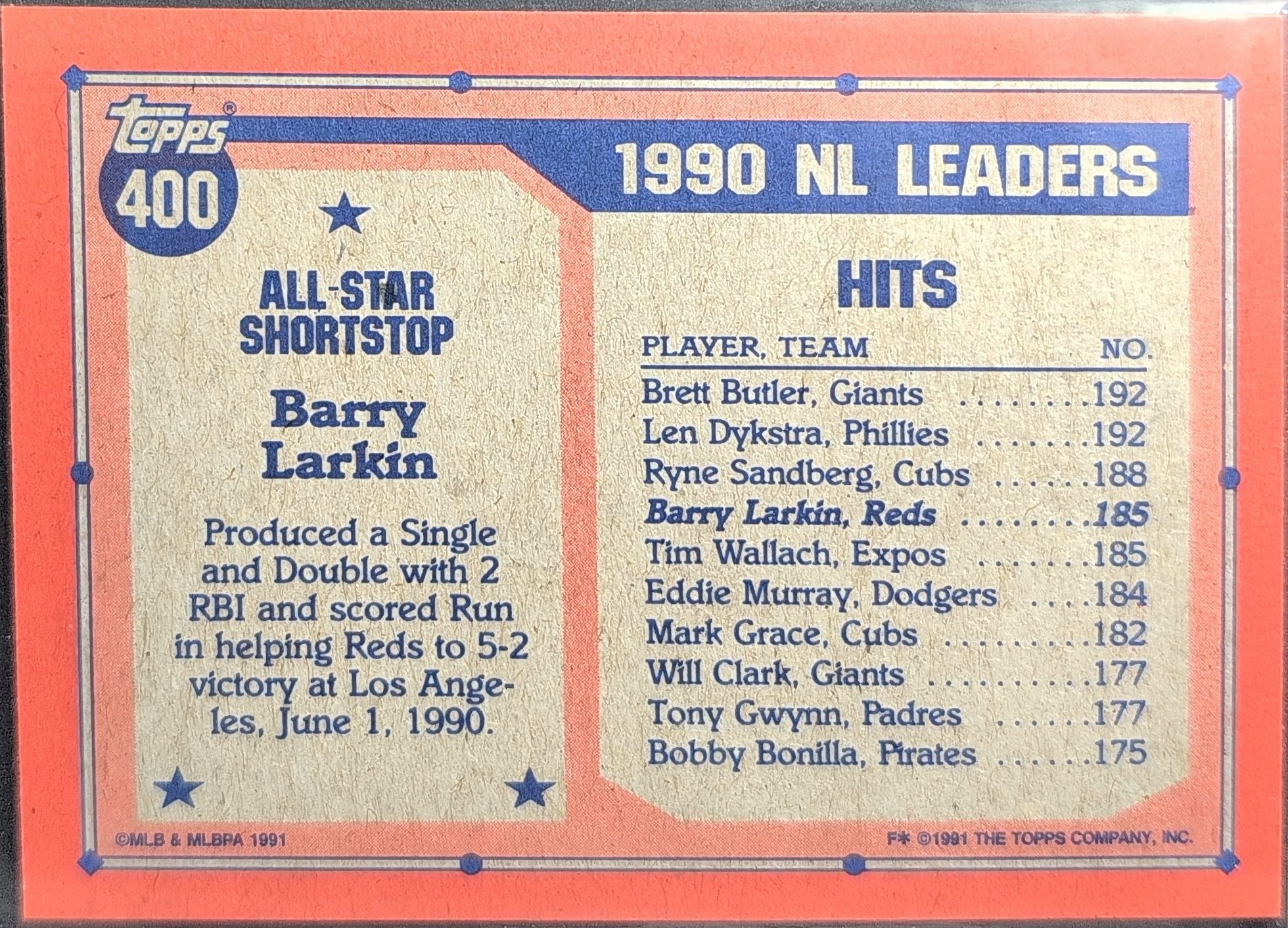 1991 Topps Barry Larkin #400 Cincinnati Reds back