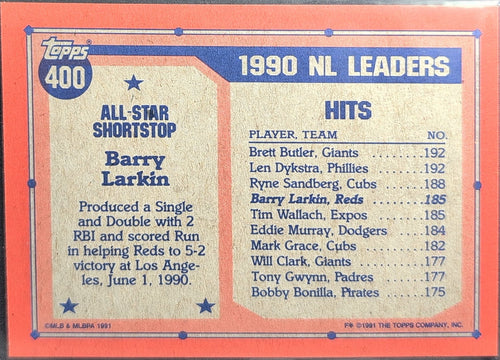 1991 Topps Barry Larkin #400 Cincinnati Reds back
