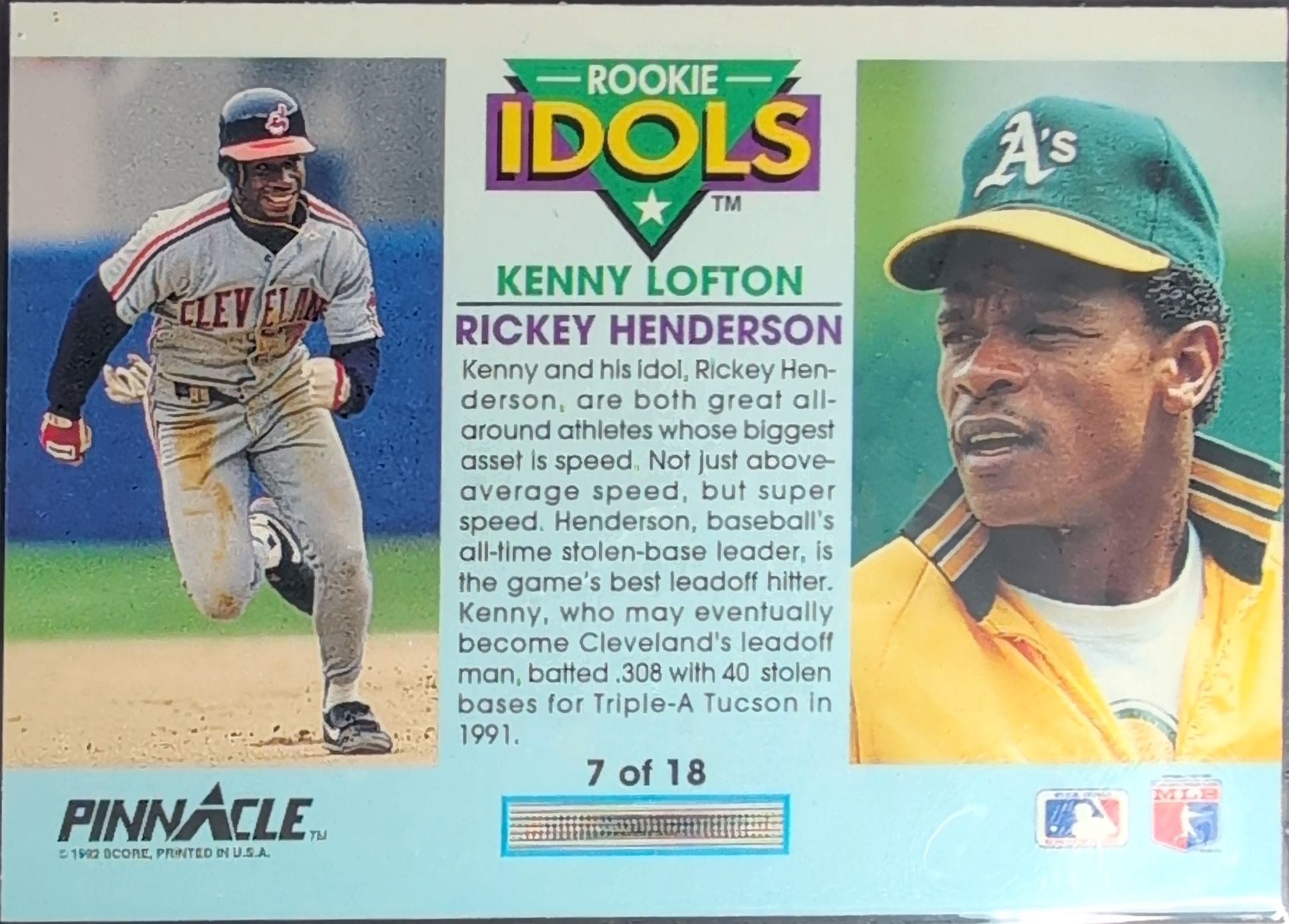 1992 Pinnacle Kenny Lofton / Rickey Henderson #7 Rookie Idols Indians/Athletics back