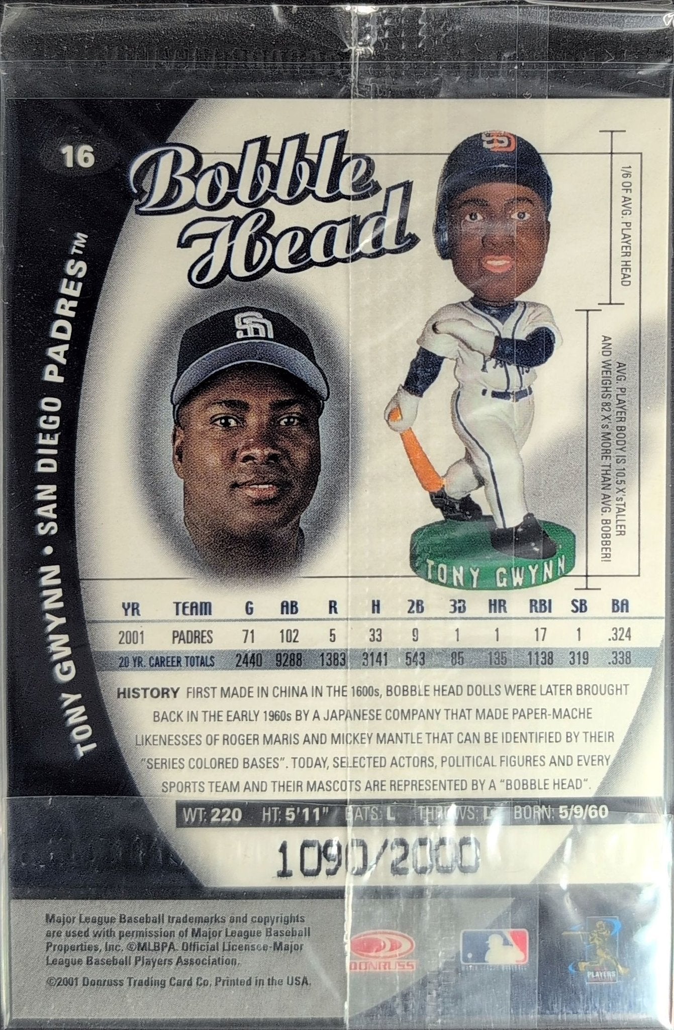 Tony Gwynn 2001 Donruss Class of 2001 #16 Bobble Head Cards San Diego Padres - back image