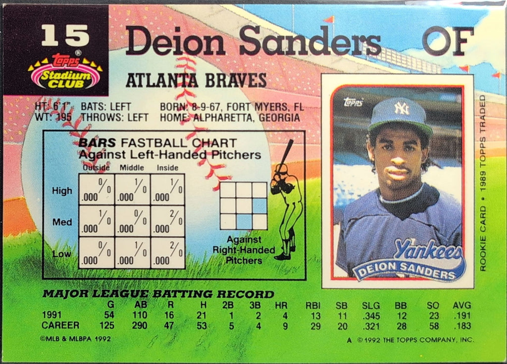 1992 Stadium Club Deion Sanders #15 Atlanta Braves back