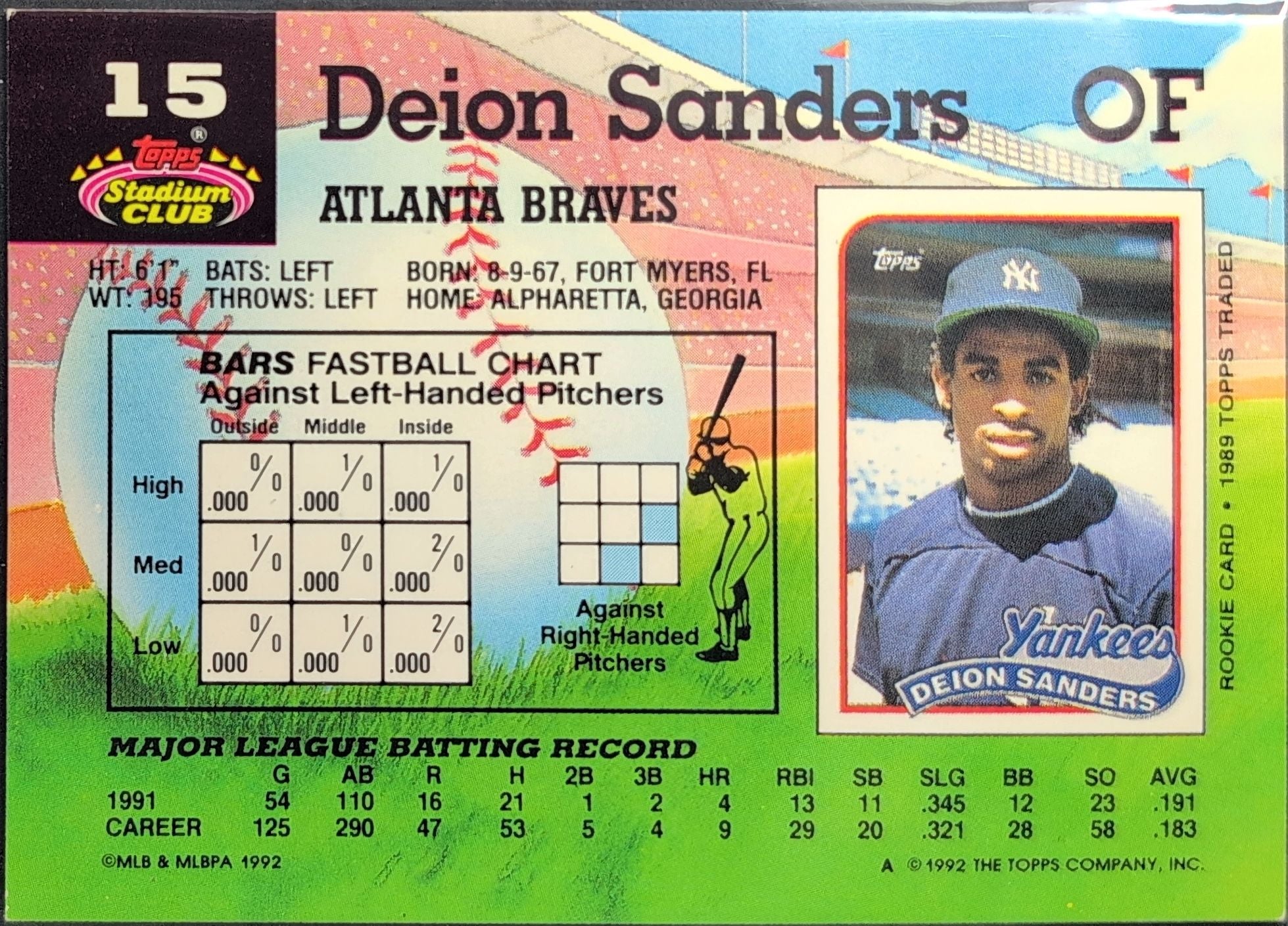 1992 Stadium Club Deion Sanders #15 Atlanta Braves back