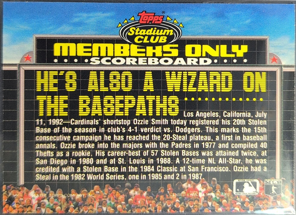 Ozzie Smith 1992 Stadium Club Members Only #NNO St. Louis Cardinals - back image