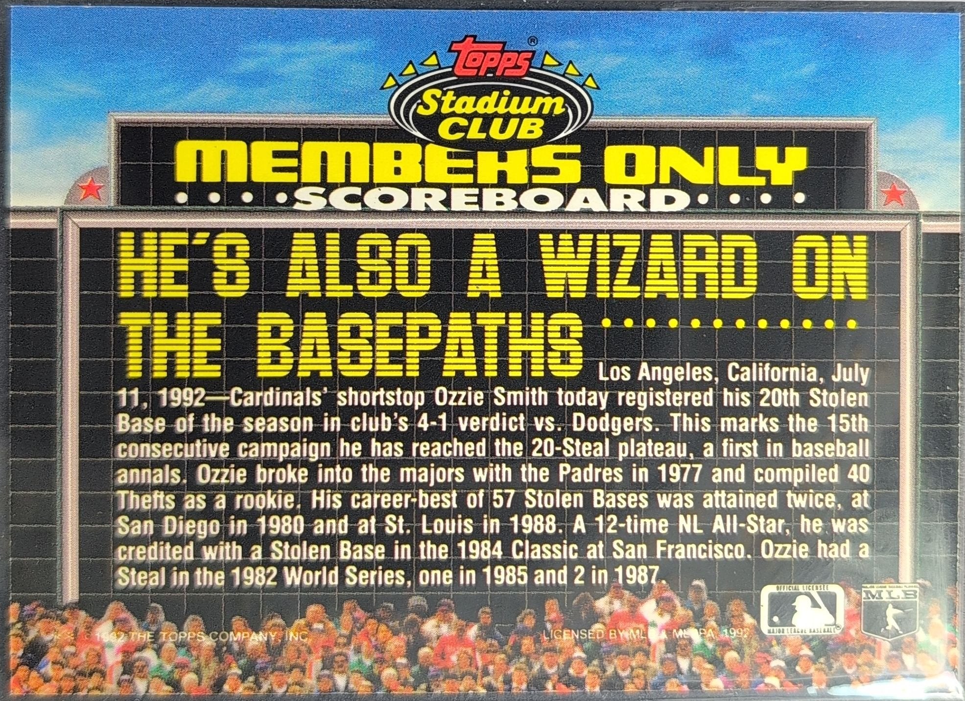 Ozzie Smith 1992 Stadium Club Members Only #NNO St. Louis Cardinals - back image
