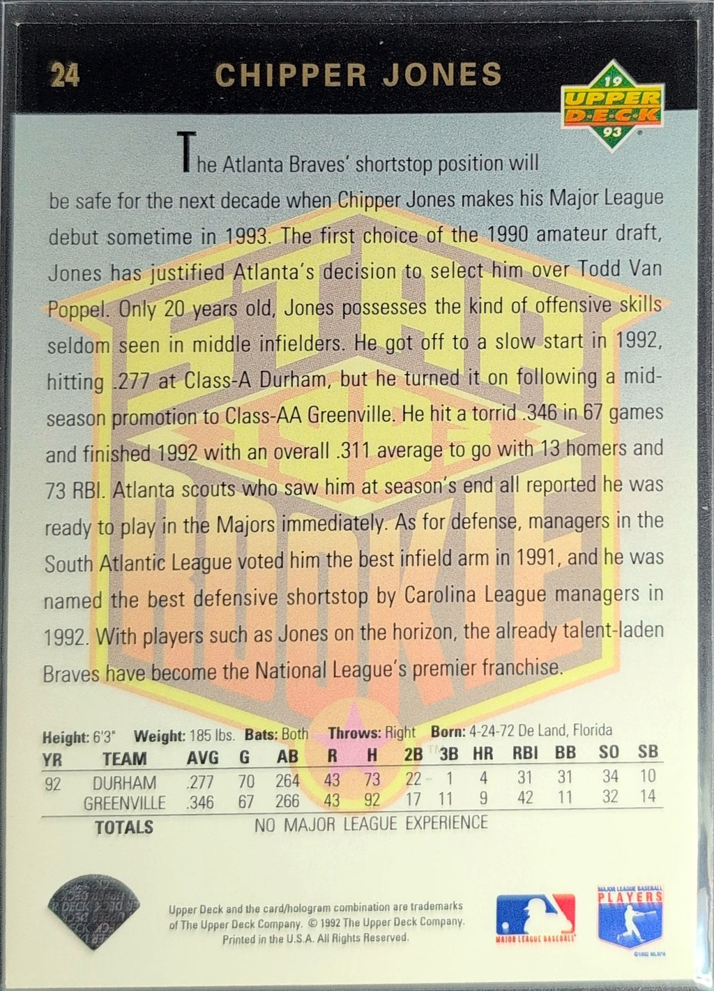 1993 Upper Deck Chipper Jones #24 Atlanta Braves back