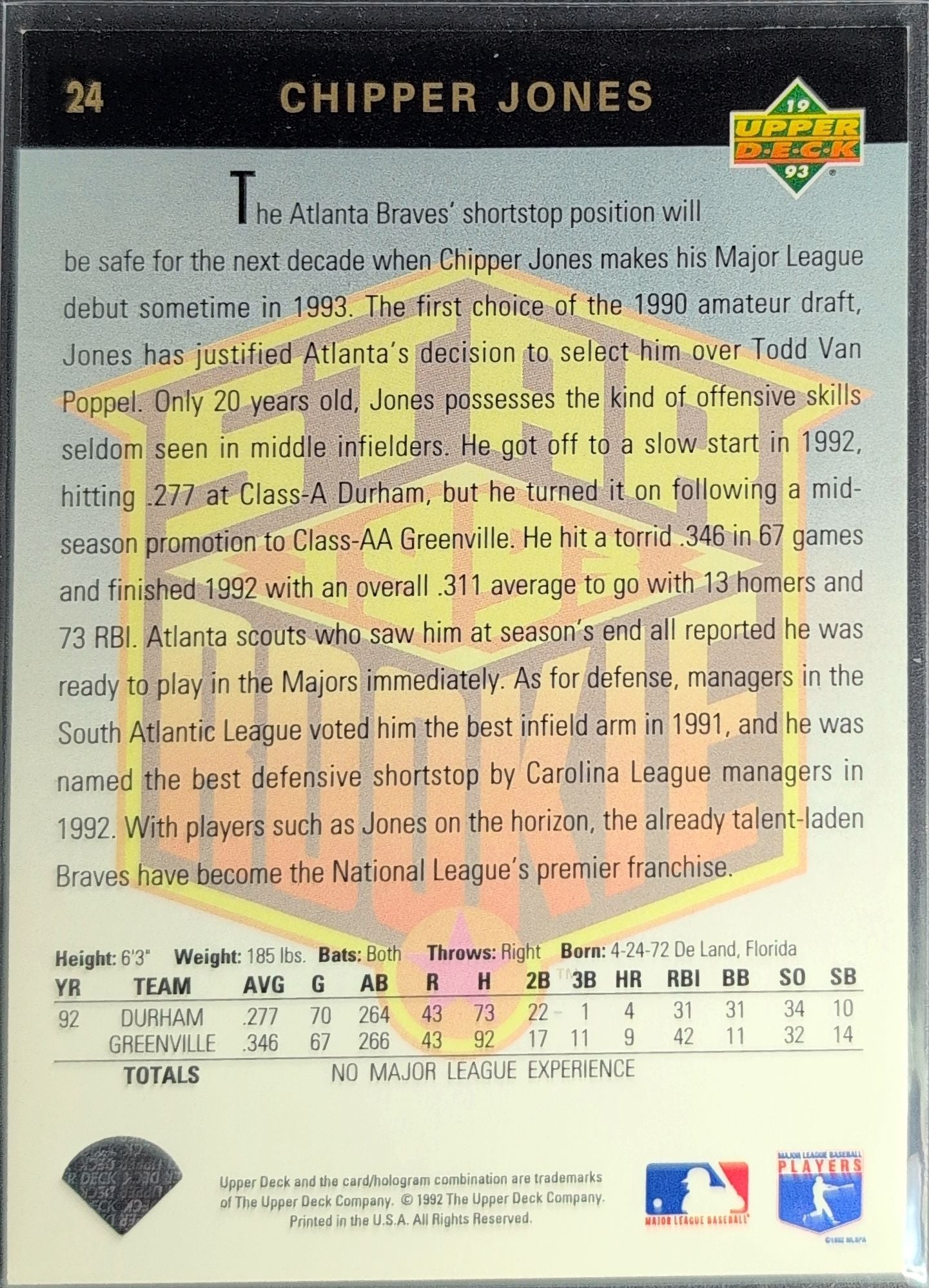 1993 Upper Deck Chipper Jones #24 Atlanta Braves back