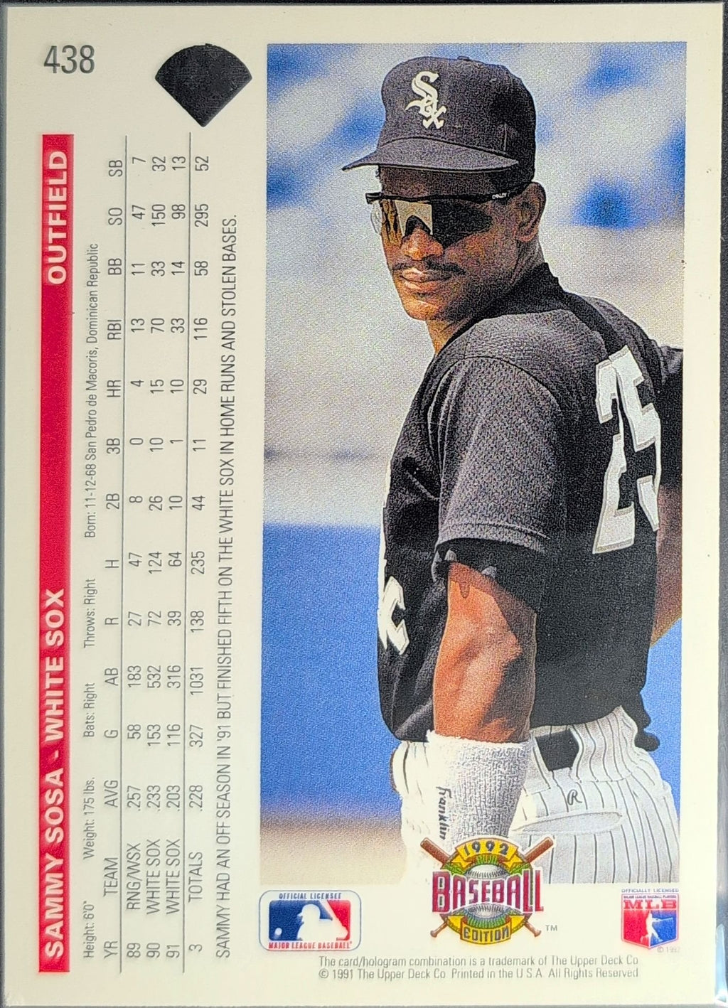 Sammy Sosa 1992 Upper Deck #438 Chicago White Sox - back image
