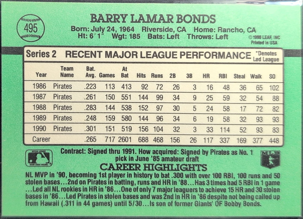 1991 Donruss Barry Bonds #495b Pittsburgh Pirates back