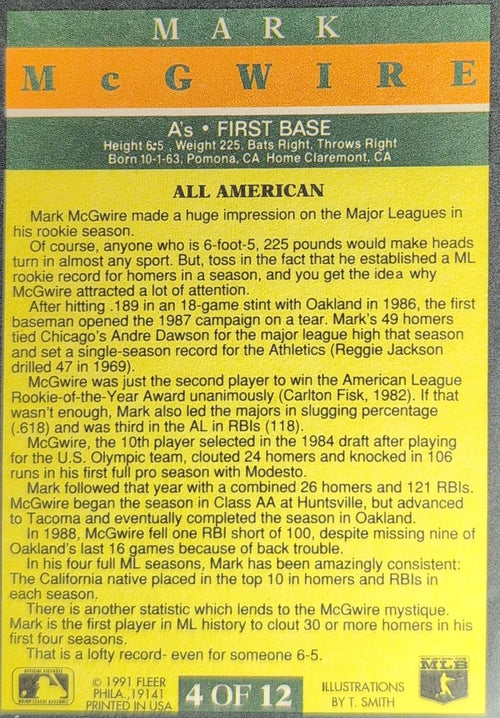 1991 Fleer Mark McGwire #4 Pro-Visions Oakland Athletics back