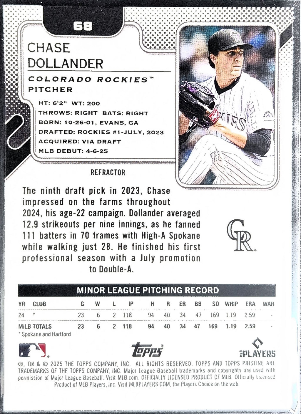 2025 Topps Pristine Chase Dollander #68 Refractors RC Colorado Rockies back