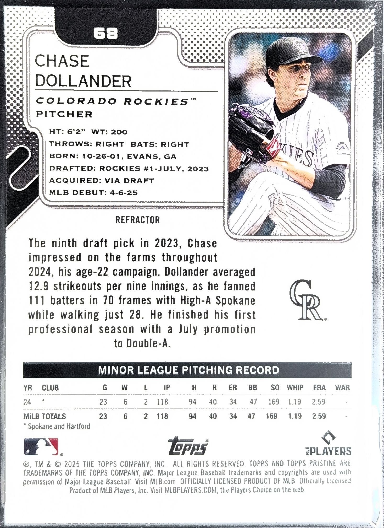 2025 Topps Pristine Chase Dollander #68 Refractors RC Colorado Rockies back