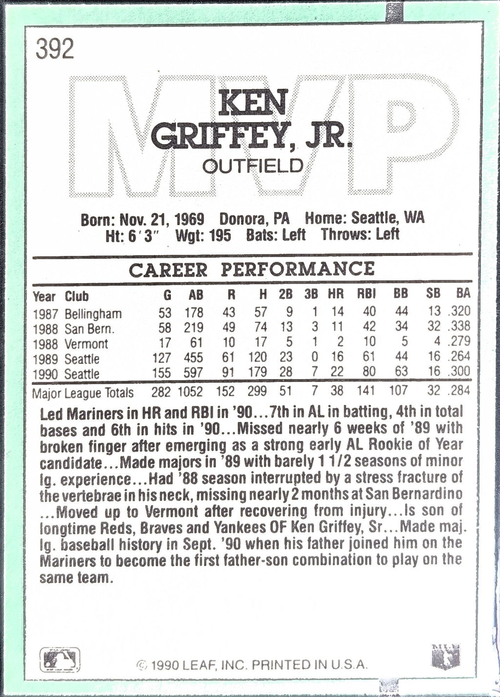 1991 Donruss Ken Griffey Jr. #392b Seattle Mariners back