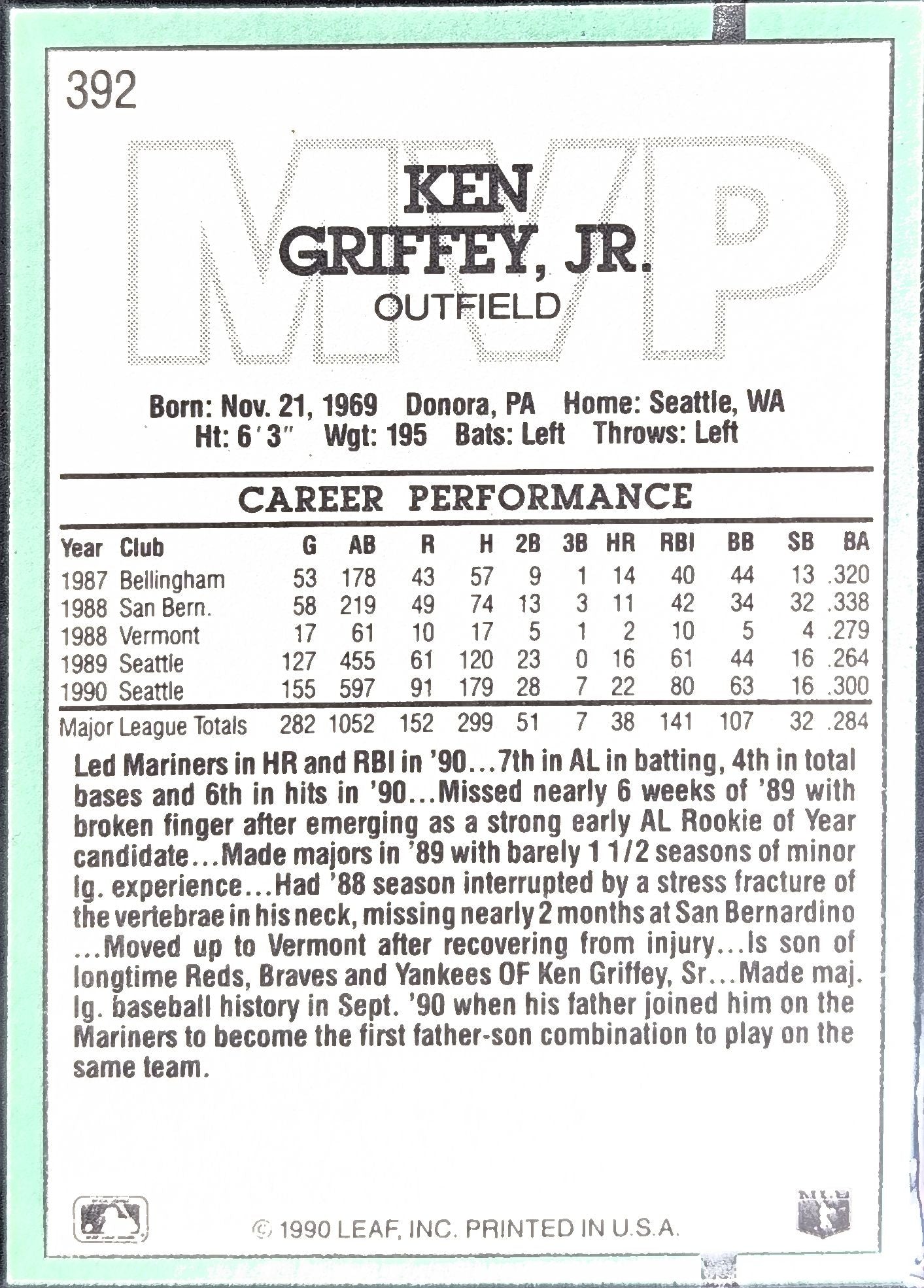 1991 Donruss Ken Griffey Jr. #392b Seattle Mariners back