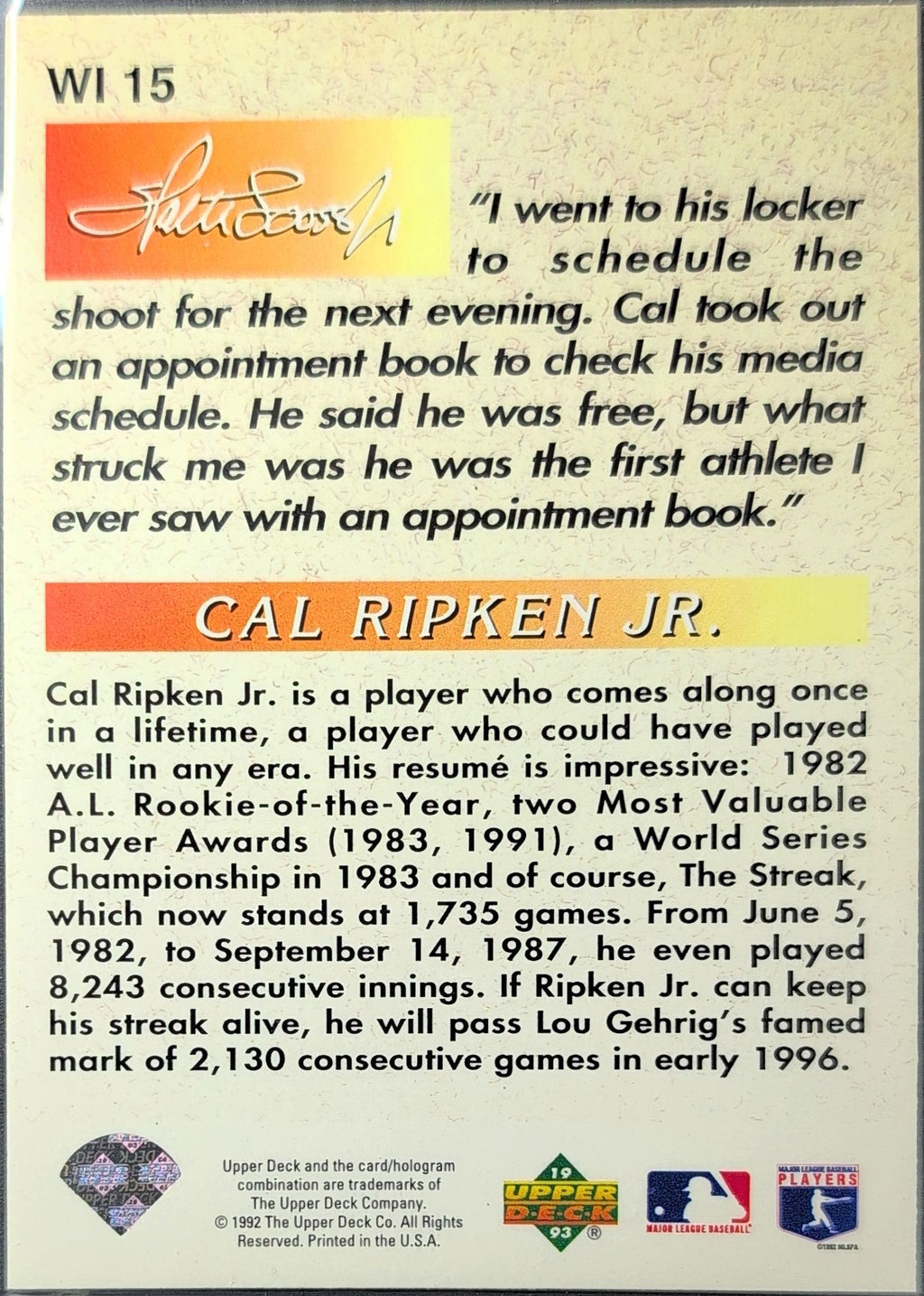 1993 Upper Deck Cal Ripken Jr. #WI 15 Iooss Collection Baltimore Orioles back