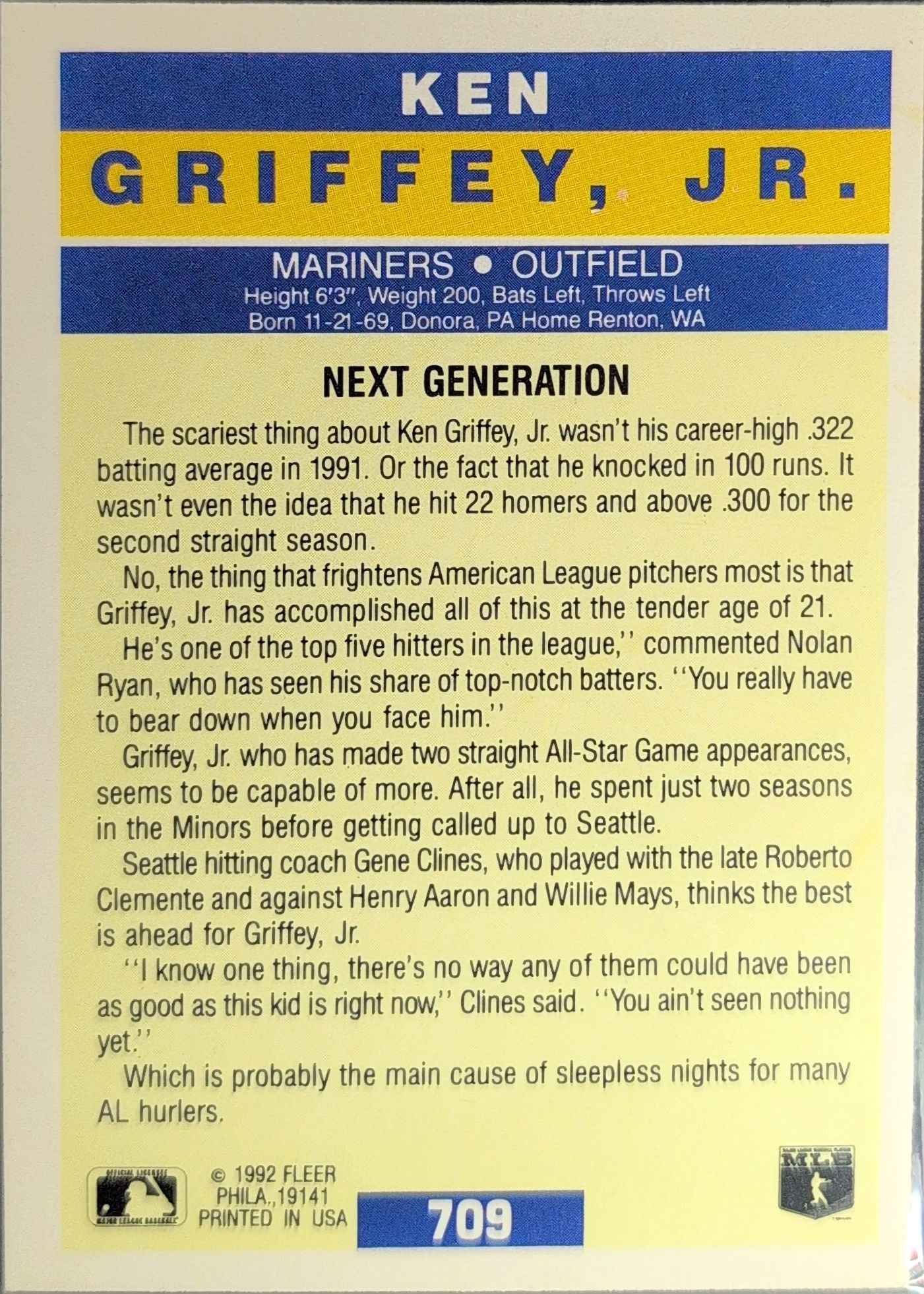 Ken Griffey, Jr. 1992 Fleer #709 Seattle Mariners