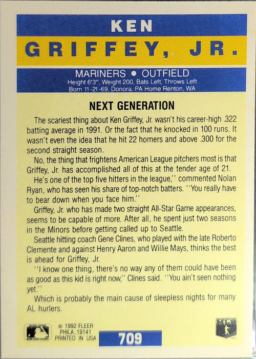 1992 Fleer Ken Griffey, Jr. #709 Seattle Mariners back