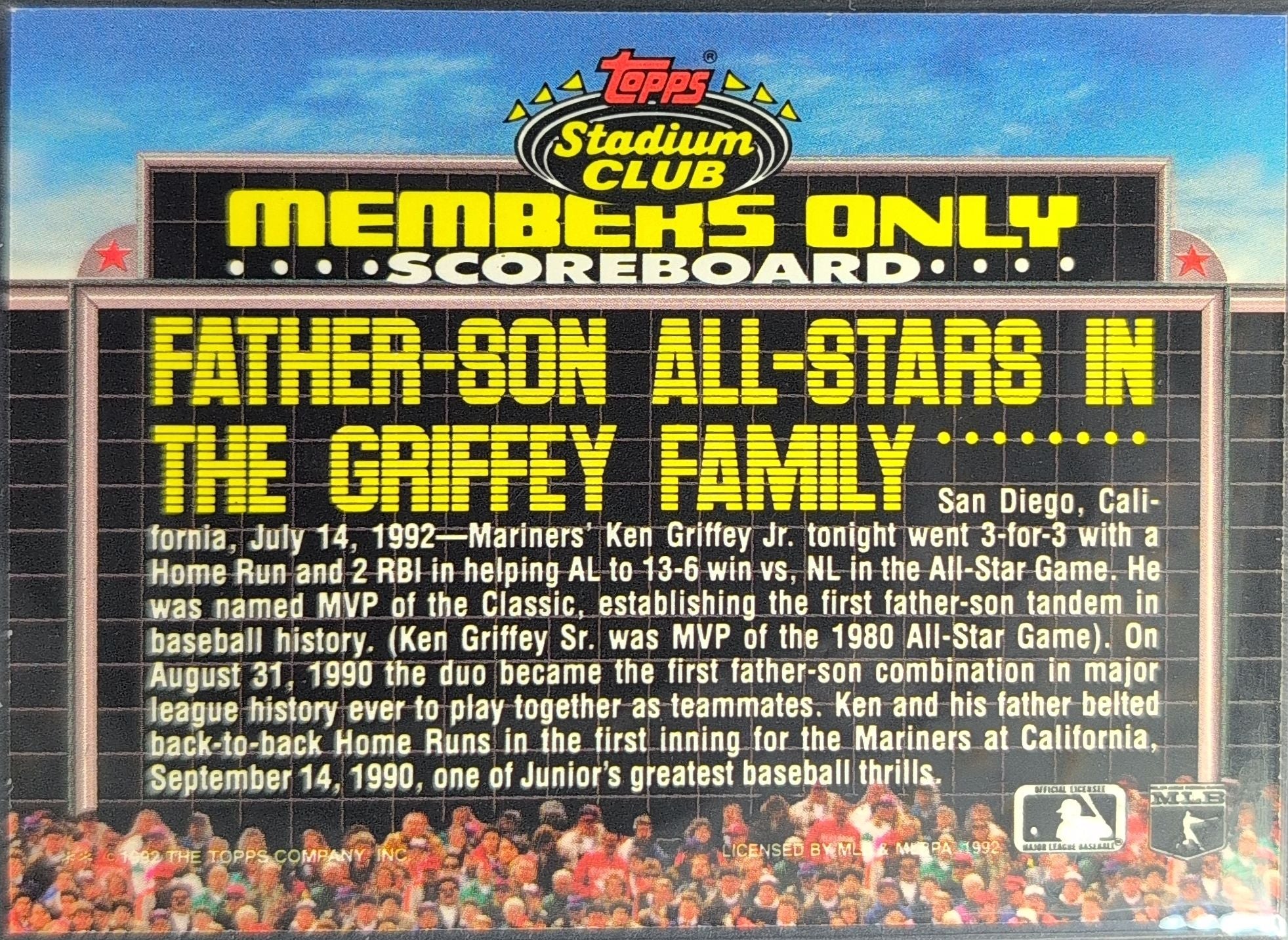 1992 Stadium Club Members Only Ken Griffey Jr. #NNO Seattle Mariners back