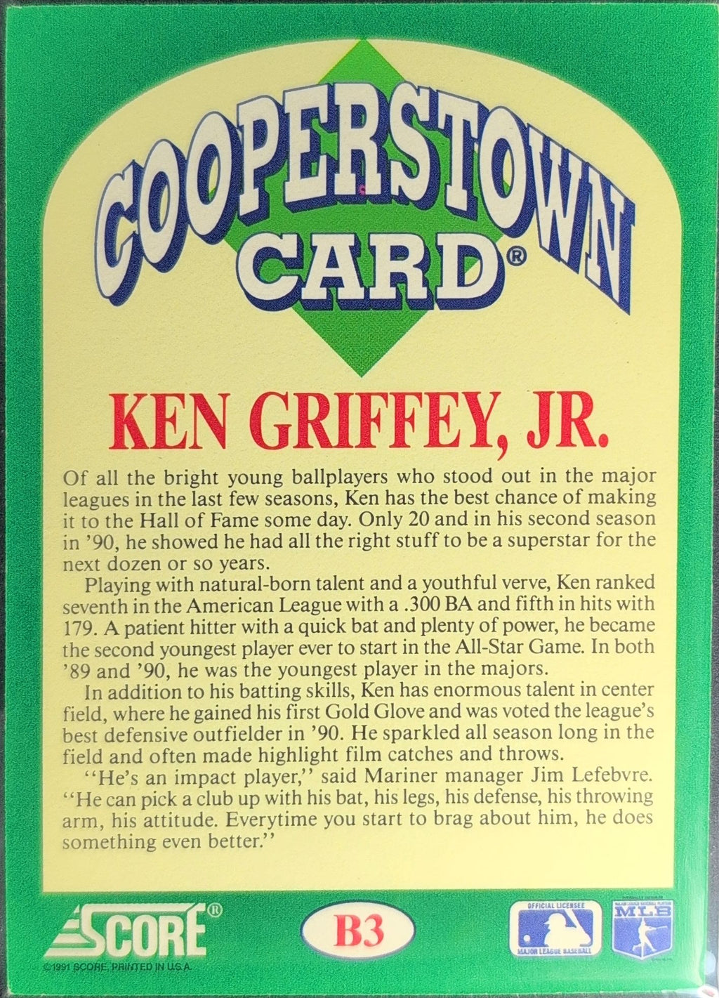 1991 Score Ken Griffey Jr. #B3 Cooperstown Seattle Mariners back