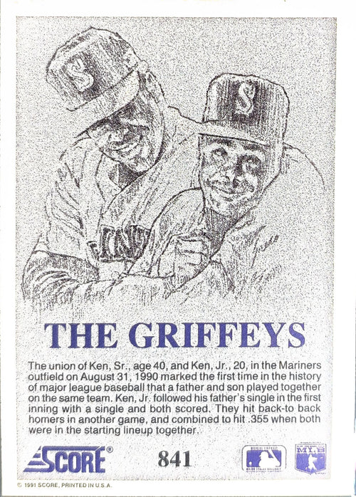1991 Score The Griffeys #841 Seattle Mariners back