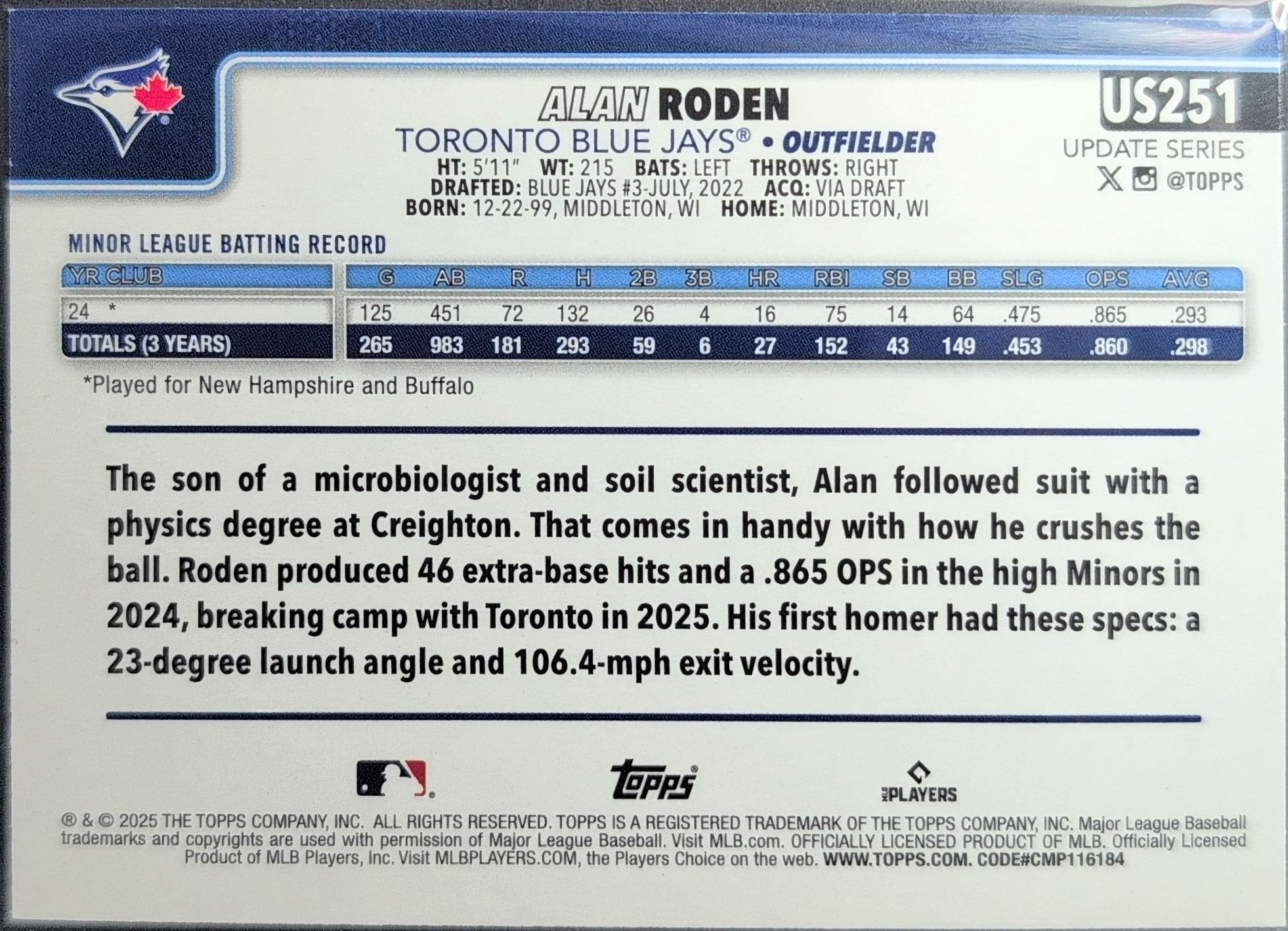 Alan Roden 2025 Topps Update #US251 Holiday Rookie RC Toronto Blue Jays - back image