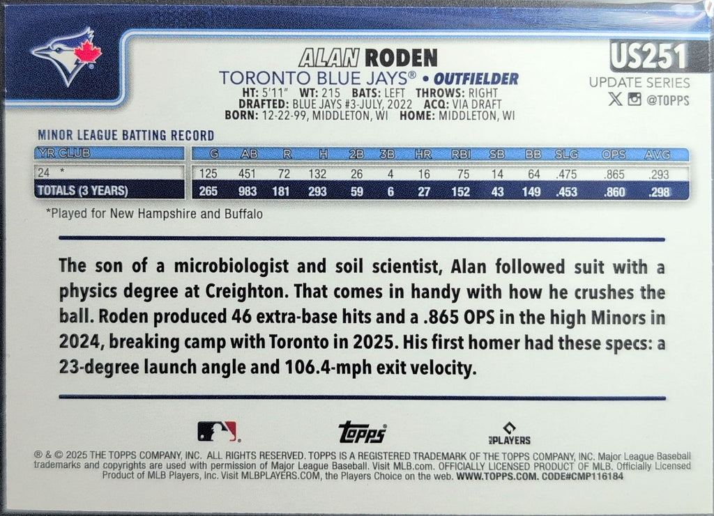 2025 Topps Update Alan Roden #US251 Holiday RC Toronto Blue Jays back