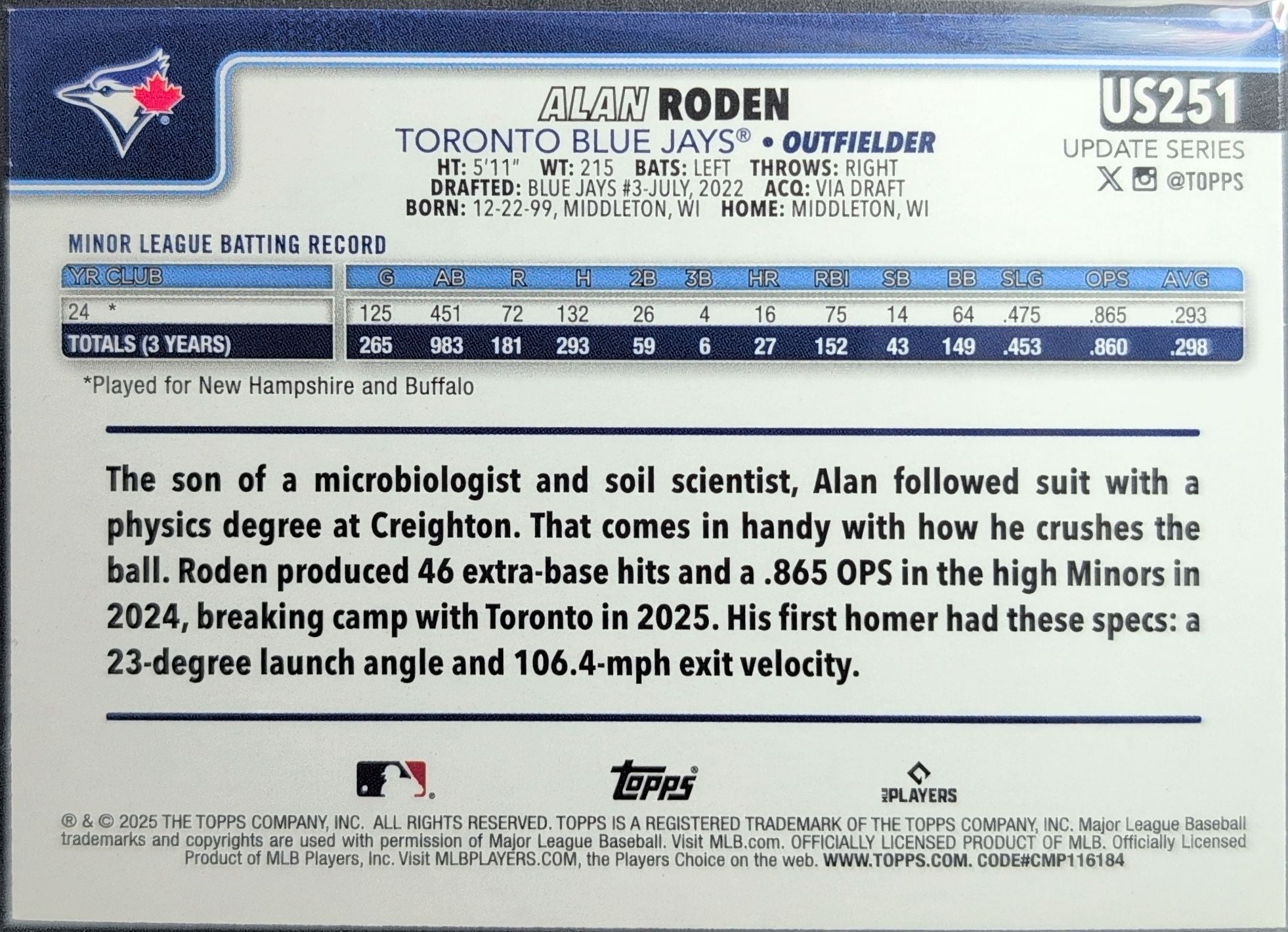 2025 Topps Update Alan Roden #US251 Holiday RC Toronto Blue Jays back