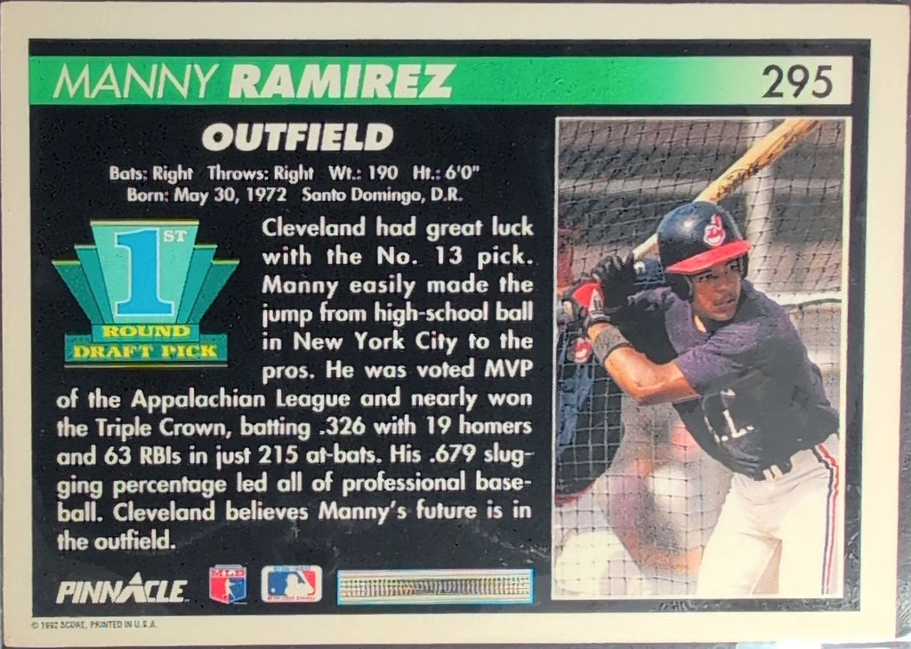 Manny Ramirez 1992 Pinnacle #295 Rookie RC Cleveland Indians - back image