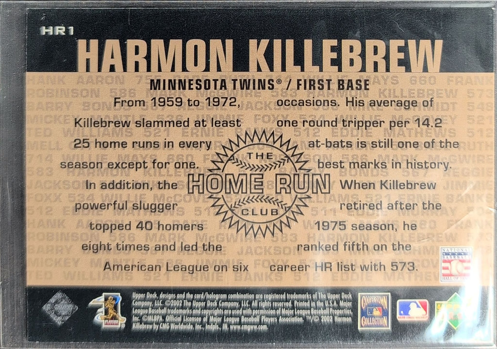 Harmon Killebrew 2002 Upper Deck Piece of History #HR1 500 Home Run Club Minnesota Twins - back image