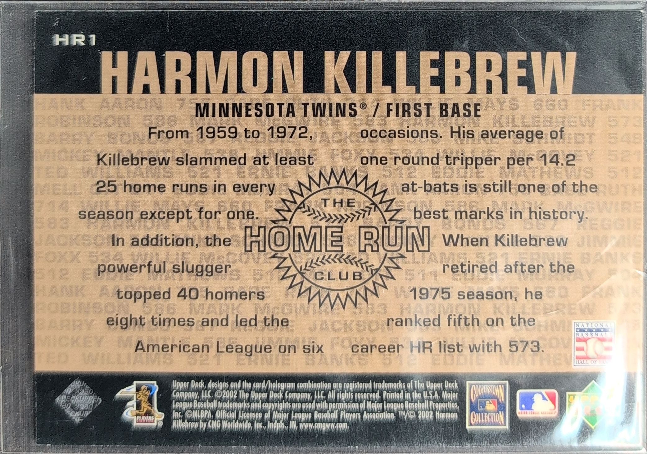 2002 Upper Deck Piece of History Harmon Killebrew #HR1 500 Home Run Club Minnesota Twins back