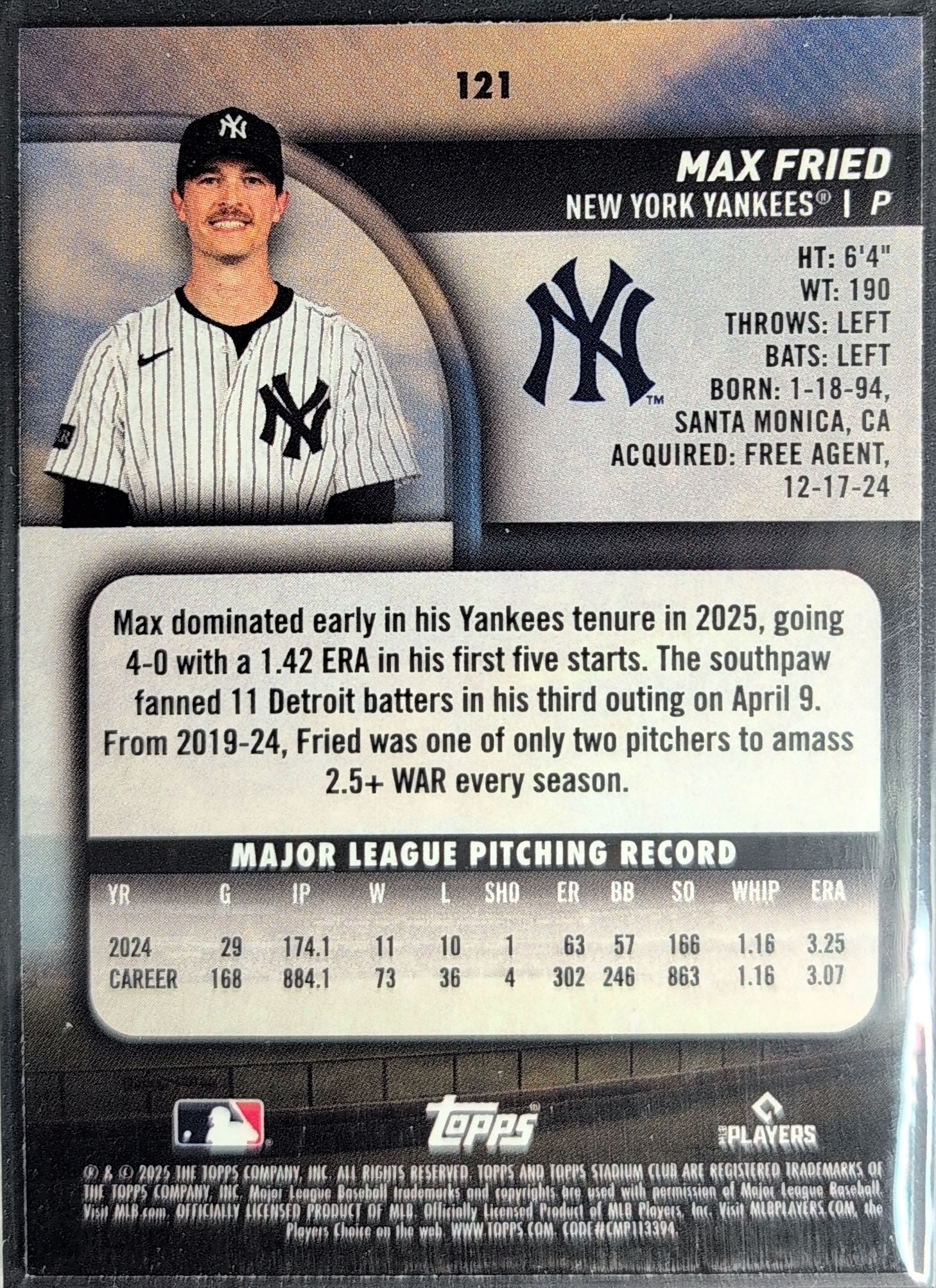 2025 Stadium Club Max Fried #121 Red Foil New York Yankees back