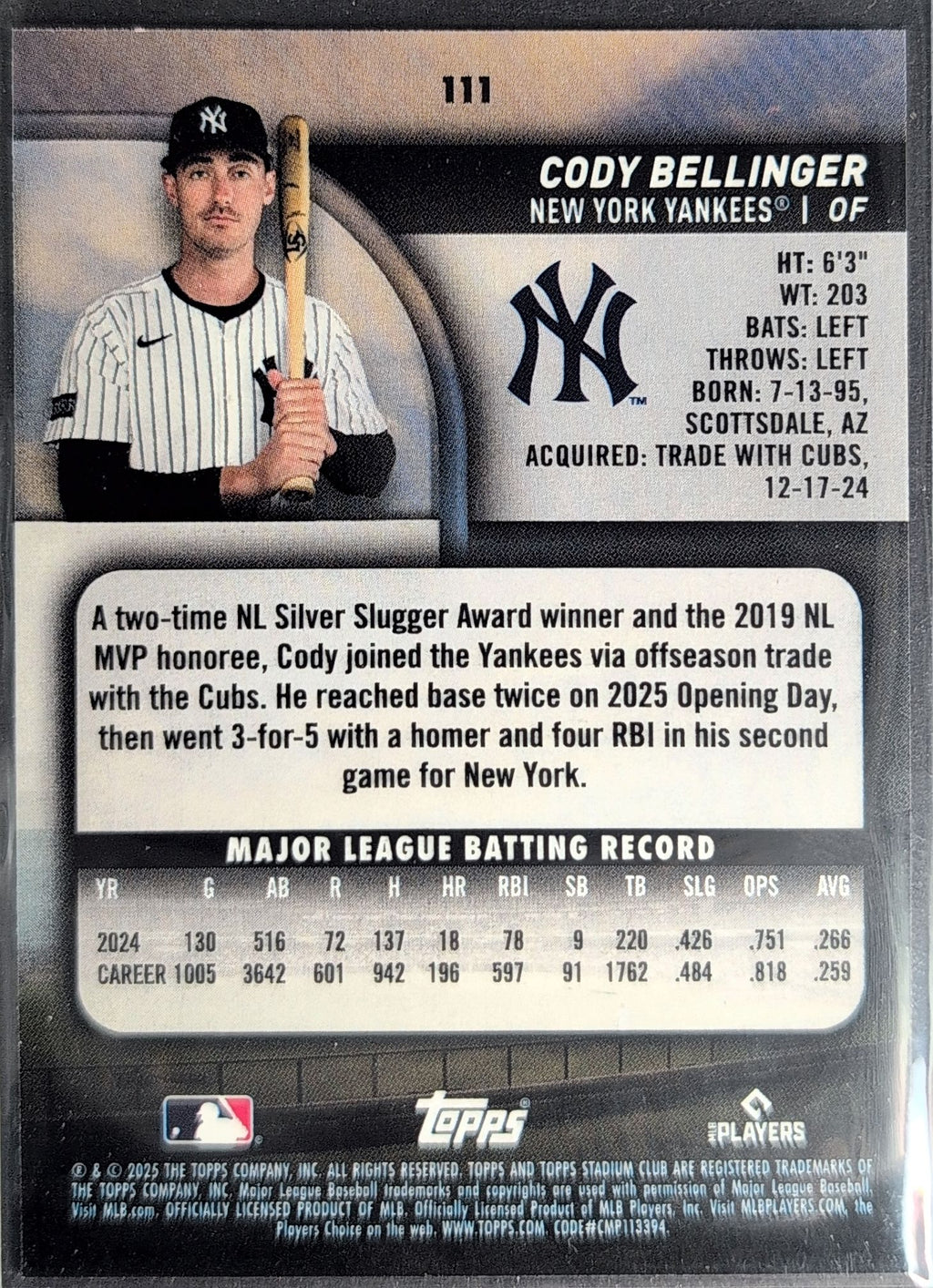 2025 Stadium Club Cody Bellinger #111 Red Foil New York Yankees back