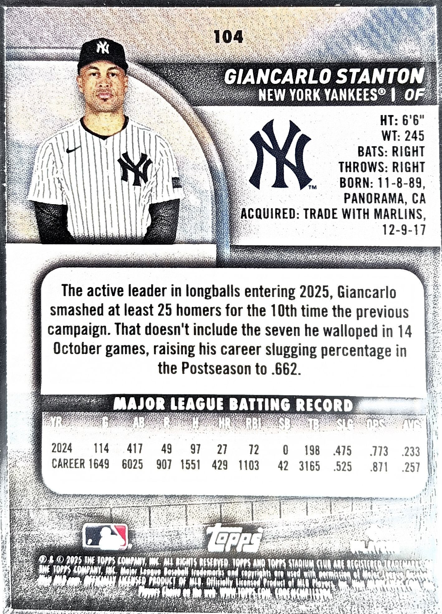 2025 Stadium Club Giancarlo Stanton #104 Red Foil New York Yankees back