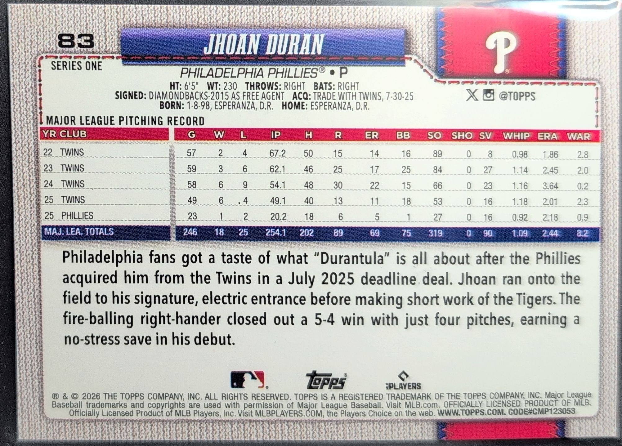 Jhoan Duran 2026 Topps #83 Diamante Foil Philadelphia Phillies - back image