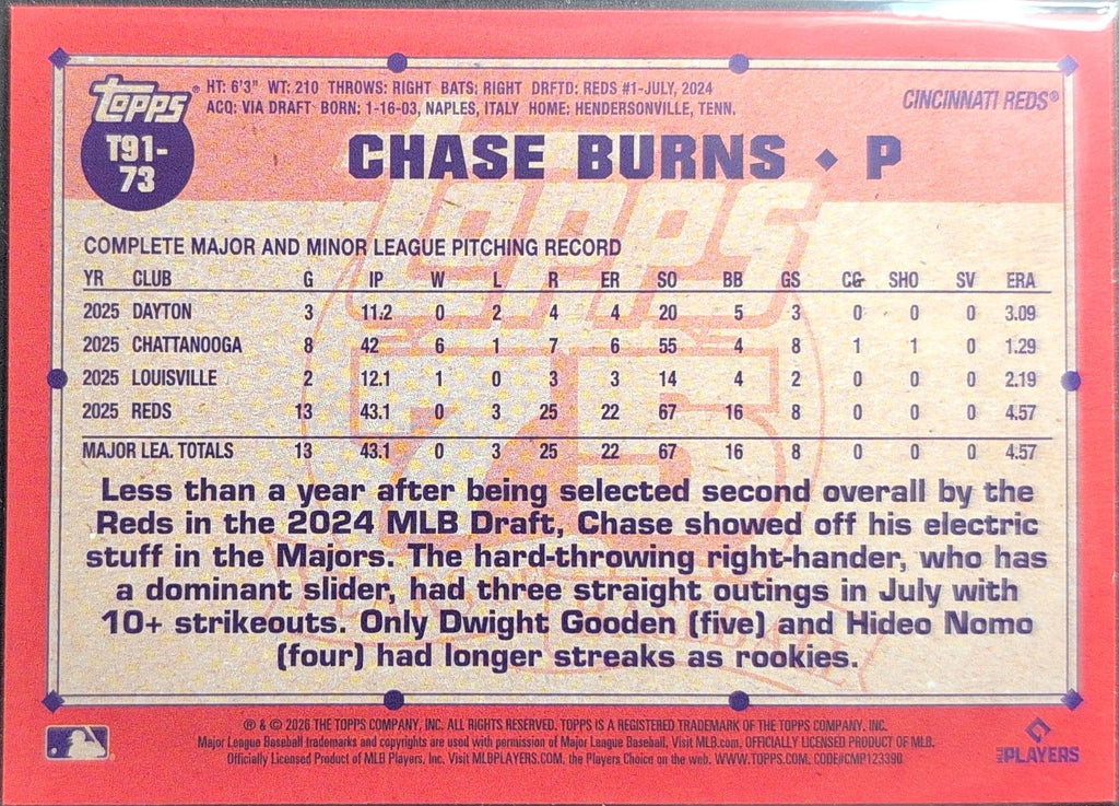 2026 Topps Chase Burns #T91-73 1991 Topps Baseball 35th Anniversary (Series One) Cincinnati Reds back