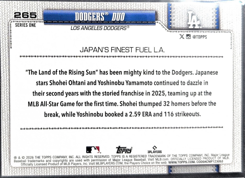 2026 Topps Dodgers Duo #265 Los Angeles Dodgers back