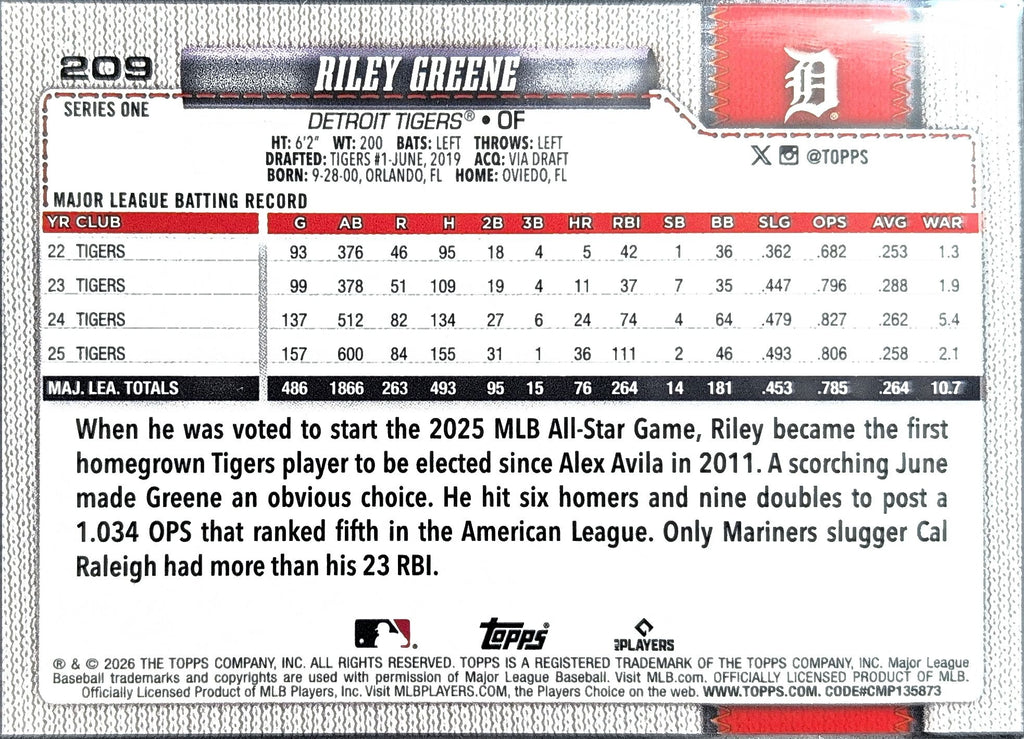 2026 Topps Riley Greene #209 Holiday Detroit Tigers back