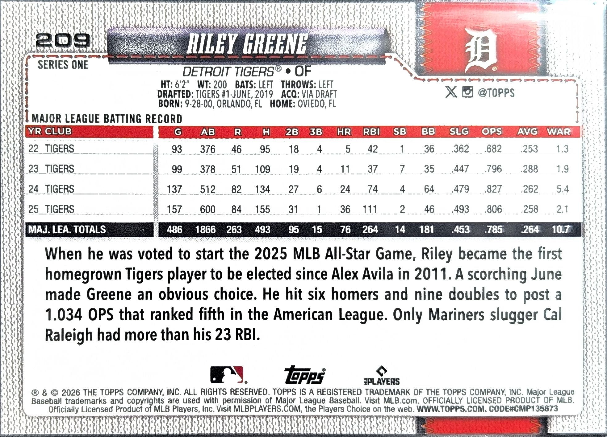 2026 Topps Riley Greene #209 Holiday Detroit Tigers back